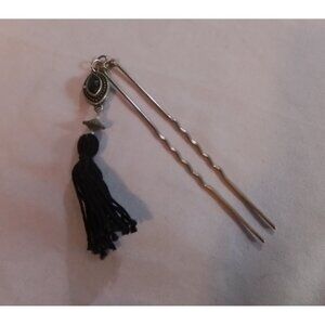 Vintage Metal Hair Stick With Black Tassel & Decorative Bead